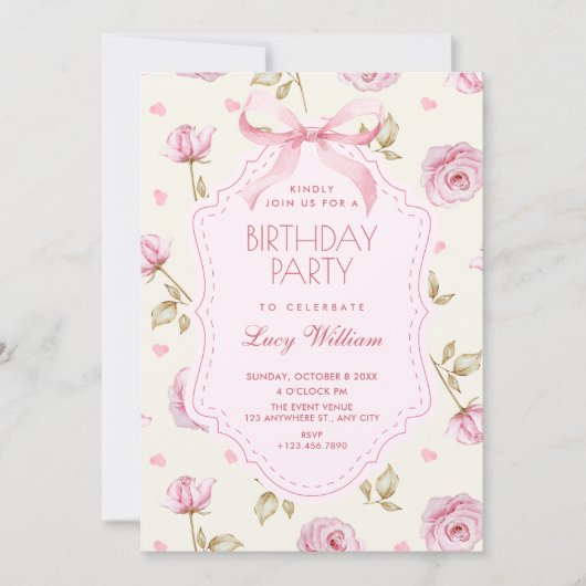 Pink roses pattern bow birthday kaart (Voorkant)