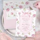 Pink roses pattern bow birthday kaart
