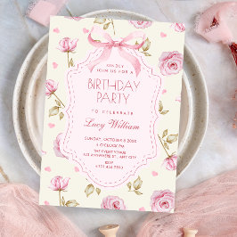 Pink roses pattern bow birthday kaart