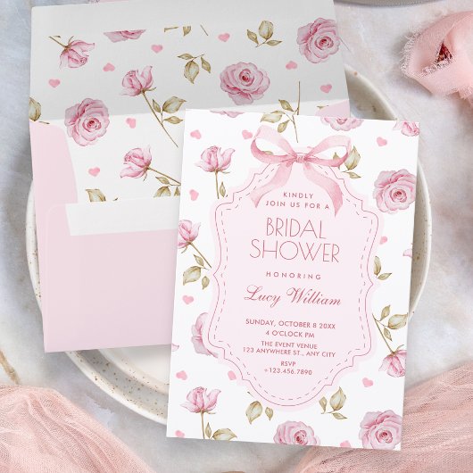 Pink roses pattern bow bridal shower kaart