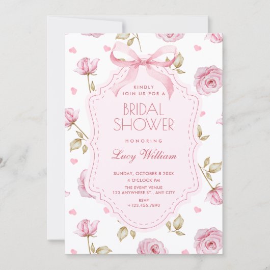 Pink roses pattern bow bridal shower kaart (Voorkant)