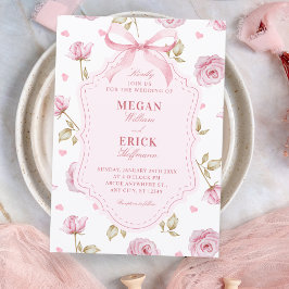 Pink roses pattern bow wedding kaart