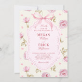 Pink roses pattern bow wedding kaart (Voorkant)