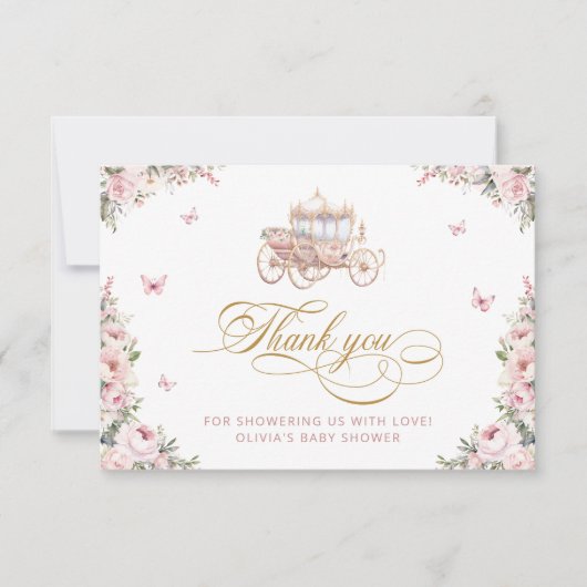 Pink Roses Princess Carriage Baby shower Dank u Kaart (Voorkant)