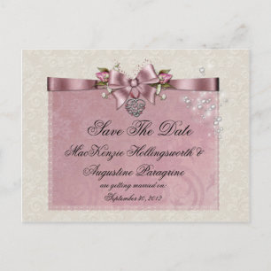 Pink Roses Ribbons Locket Glitter Save the Date Aankondigingskaart