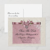 Pink Roses Ribbons Locket Glitter Save the Date Aankondigingskaart (Voorkant / Achterkant)