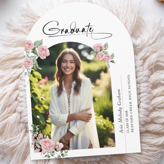 Pink Roses Script Photo Graduation Announcement Kaart