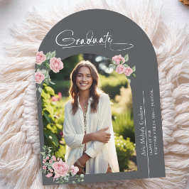 Pink Roses Script Photo Graduation Announcement Kaart