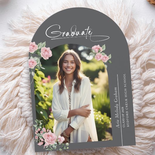 Pink Roses Script Photo Graduation Announcement Kaart