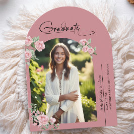 Pink Roses Script Photo Graduation Announcement Kaart