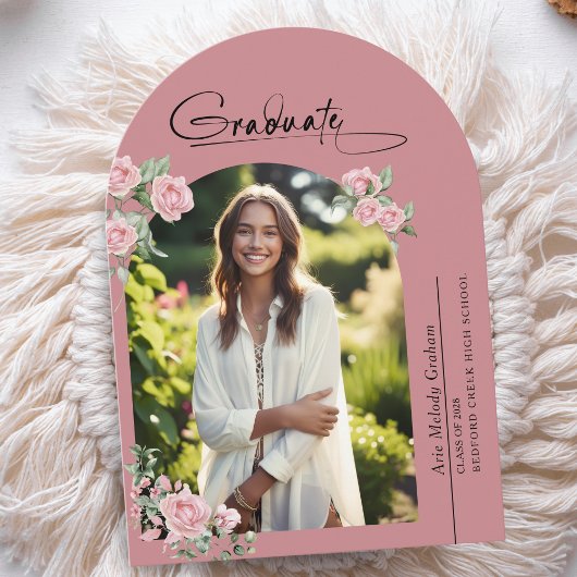 Pink Roses Script Photo Graduation Announcement Kaart
