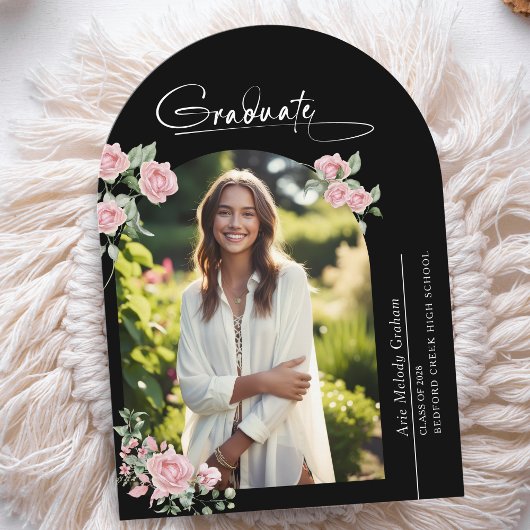 Pink Roses Script Photo Graduation Announcement Kaart