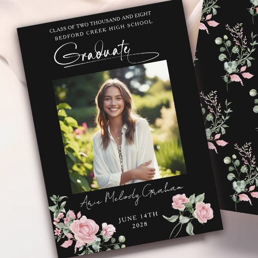 Pink Roses Script Photo Graduation Announcement Kaart