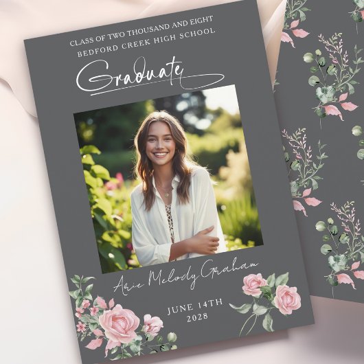 Pink Roses Script Photo Graduation Announcement Kaart
