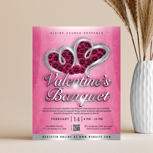 Pink Roses & Silver Hearts Valentine's Banquet Flyer