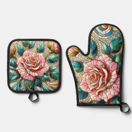 Pink Roses Stained Glass Mosaic Ovenwant & Pannenlap Set