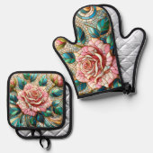 Pink Roses Stained Glass Mosaic Ovenwant & Pannenlap Set (Voorkant / Achterkant)