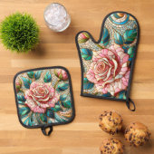 Pink Roses Stained Glass Mosaic Ovenwant & Pannenlap Set (Top down)