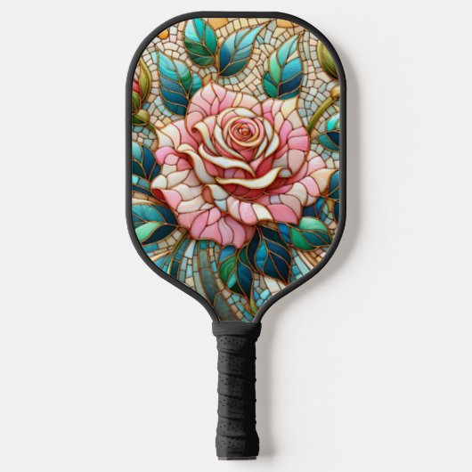 Pink Roses Stained Glass Mosaic Pickleball Paddle (Voorkant)