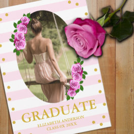 Pink Roses Striped Graduation Brunch Aankondiging