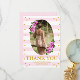 Pink Roses Striped Graduation Brunch Bedankkaart