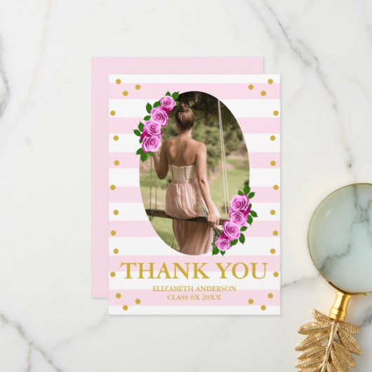 Pink Roses Striped Graduation Brunch Bedankkaart (Voorkant / Achterkant in situ)
