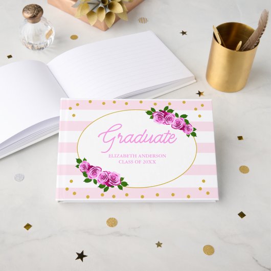 Pink Roses Striped Graduation Brunch Gastenboek (Voorkant open)