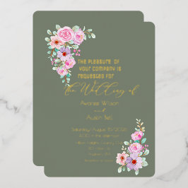 Pink Roses Warm Eucalyptus Green  Folie Uitnodiging