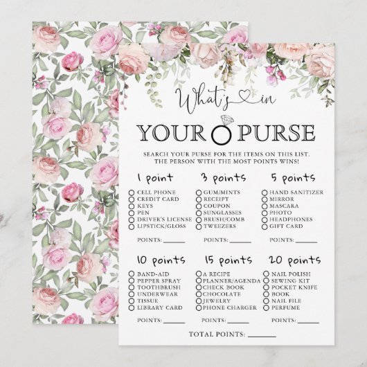 Pink Roses Wat zit er in je tas Vrijgezellenfeest  Kaart (Voorkant / Achterkant)