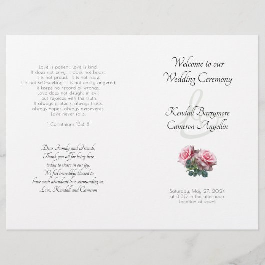 Pink Roses Wedding Ceremony Folded Program Sample (Voorkant)