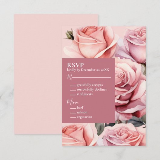 Pink Roses Wedding RSVP Response Kaart (Voorkant / Achterkant)
