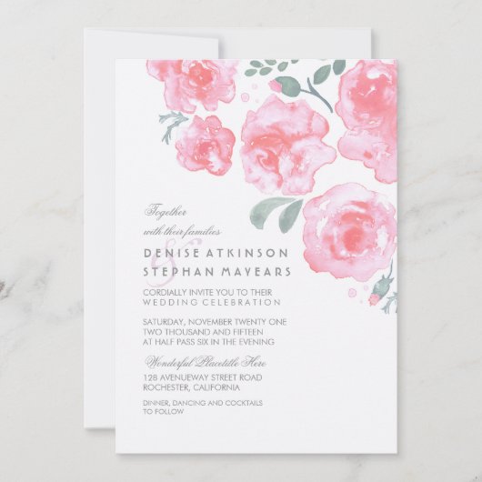 Pink Roses Wedding - Waterverf Uitnodigingen (Voorkant)