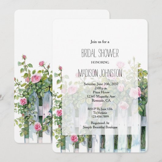 Pink Roses White Picket Fence Bridal Shower Kaart