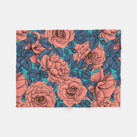 Pink roses with blue leaves on blue fleece deken (Voorkant (Horizontaal))