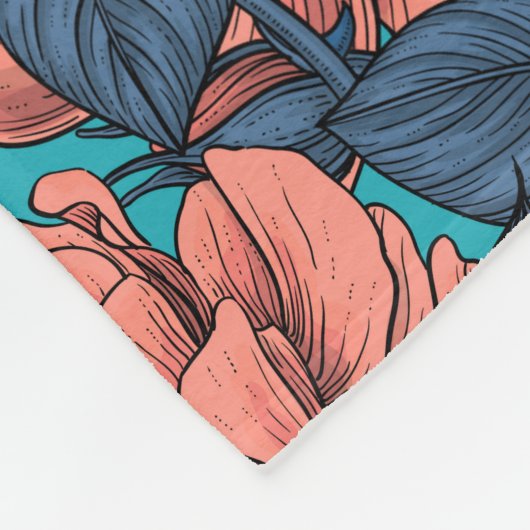 Pink roses with blue leaves on blue fleece deken (Hoek)