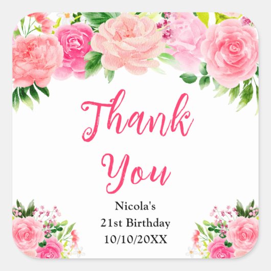 Pink Roses with Foliage Birthday Thank You Vierkante Sticker (Voorkant)