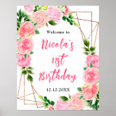 Pink Roses with Foliage Birthday Welcome Poster (Voorkant)