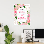Pink Roses with Foliage Birthday Welcome Poster (Thuiskantoor)