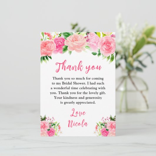 Pink Roses with Foliage Bridal Shower Bedankkaart (Staand voorkant)