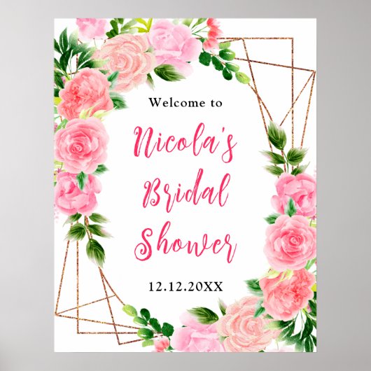Pink Roses with Foliage Bridal Shower Welcome Poster (Voorkant)