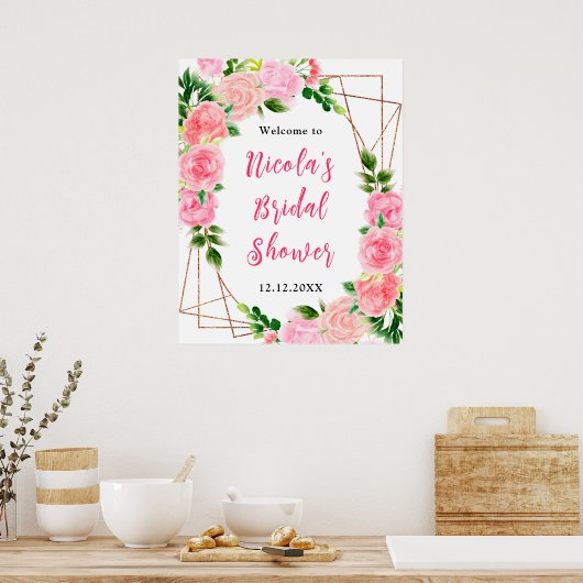 Pink Roses with Foliage Bridal Shower Welcome Poster (Keuken)