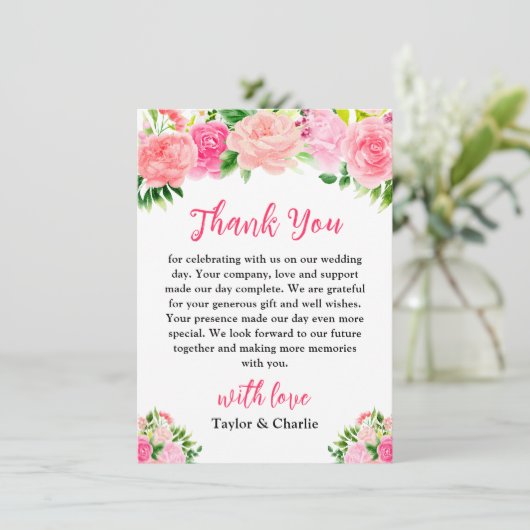 Pink Roses with Foliage Wedding Bedankkaart (Staand voorkant)