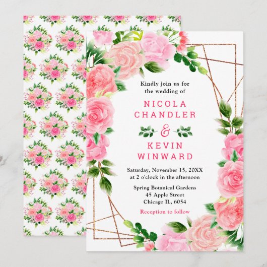 Pink Roses with Foliage Wedding Kaart (Voorkant / Achterkant)