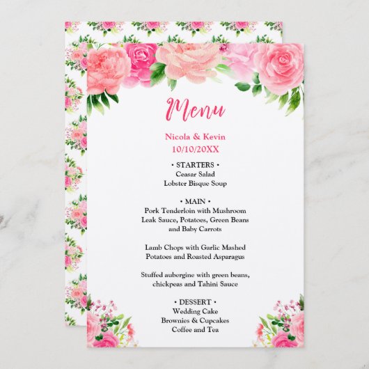 Pink Roses with Foliage Wedding Menu (Voorkant / Achterkant)