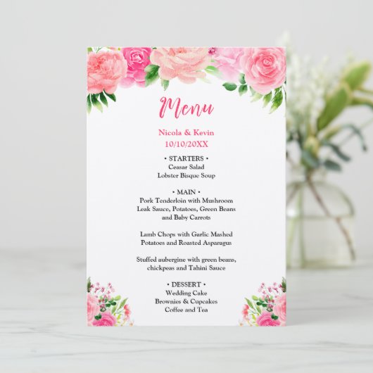 Pink Roses with Foliage Wedding Menu (Staand voorkant)