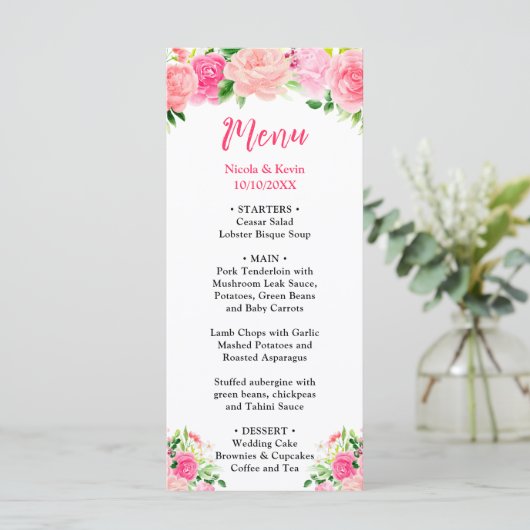 Pink Roses with Foliage Wedding Menu (Staand voorkant)