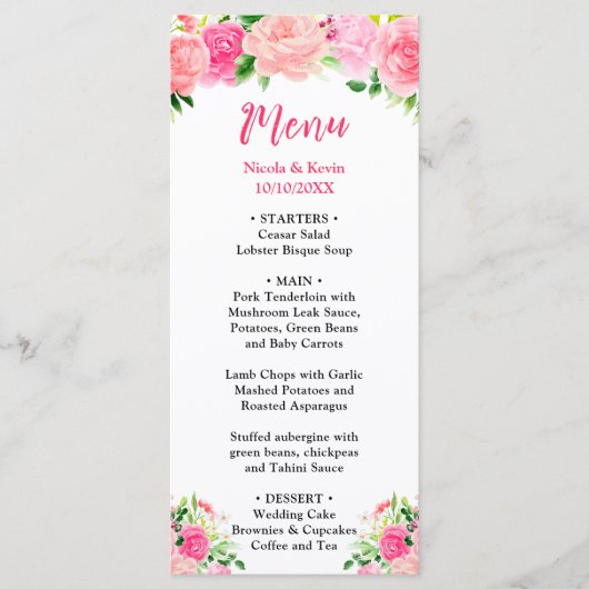 Pink Roses with Foliage Wedding Menu (Voorkant)