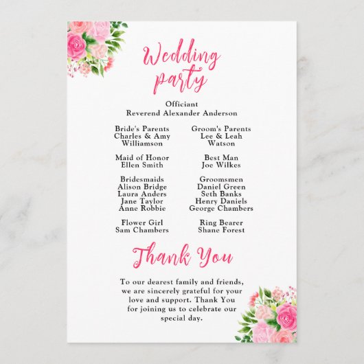 Pink Roses with Foliage Wedding Program Programmakaart (Achterkant)