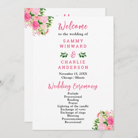 Pink Roses with Foliage Wedding Program Programmakaart (Voorkant / Achterkant)