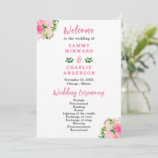 Pink Roses with Foliage Wedding Program Programmakaart (Staand voorkant)